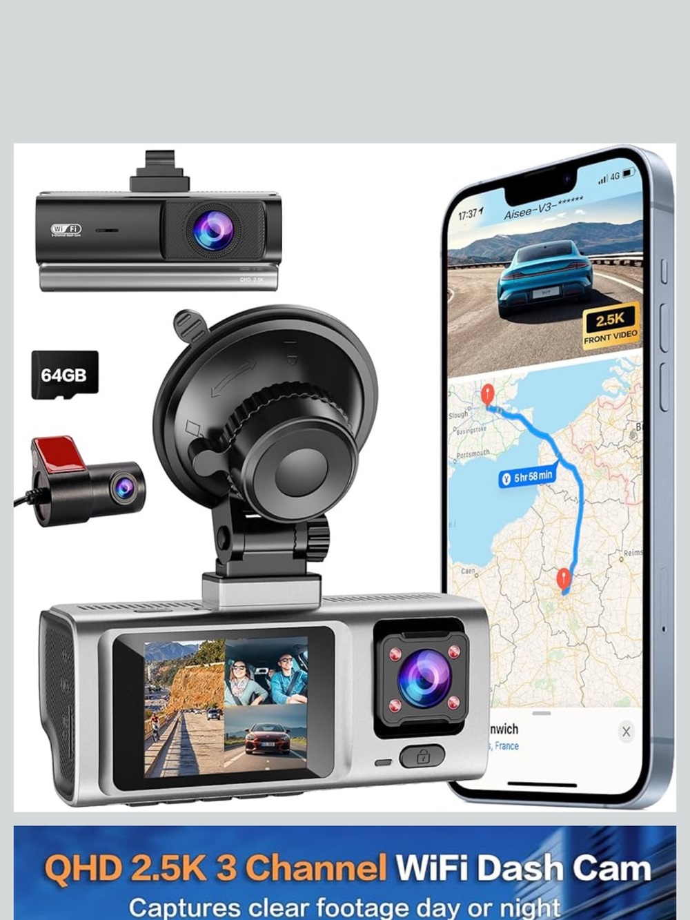 Brand new 3-Channel WiFi Dash Cam with 64gb sd card